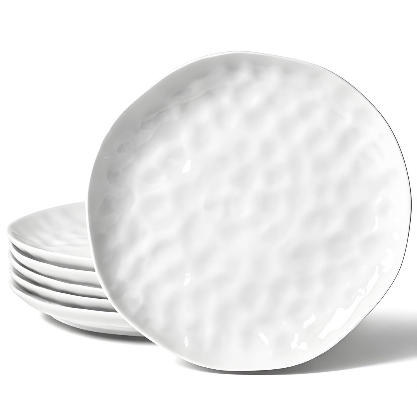 HOMBENE Dessert Pasta 8 Inches Set for 6, Sun-glitter Style, Salad Plates, Porcelain Round Shaped Dinner Plates for Kitchen, Porcelain Dinner, Microwave & Dishwasher Safe, White