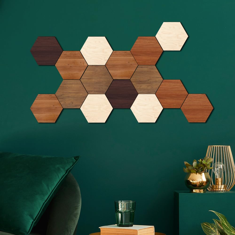 Wooden Multi Color Wall Art Decals, 15 PCS 3D Hexagon Wall Tiles for Office, Living Room, Bedroom, Home