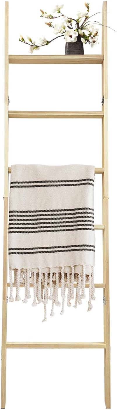 6-Tier Blanket Ladder – 5.5 Ft Wall Leaning Quilt Rack, Farmhouse Blanket Storage for Living Room, Bedroom & Bathroom – Rustic Decorative Wooden Towel & Quilt Holder, Easy to Assemble
