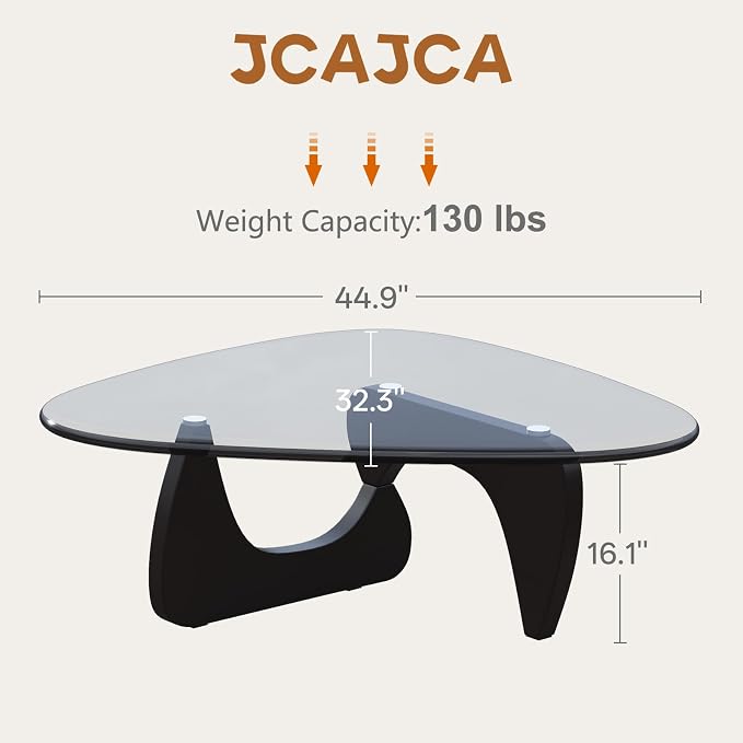 Coffee Table for Living Room Mid Century Modern Center Small Table with Glass Top and Wood, Black Transparent(45 Inch)