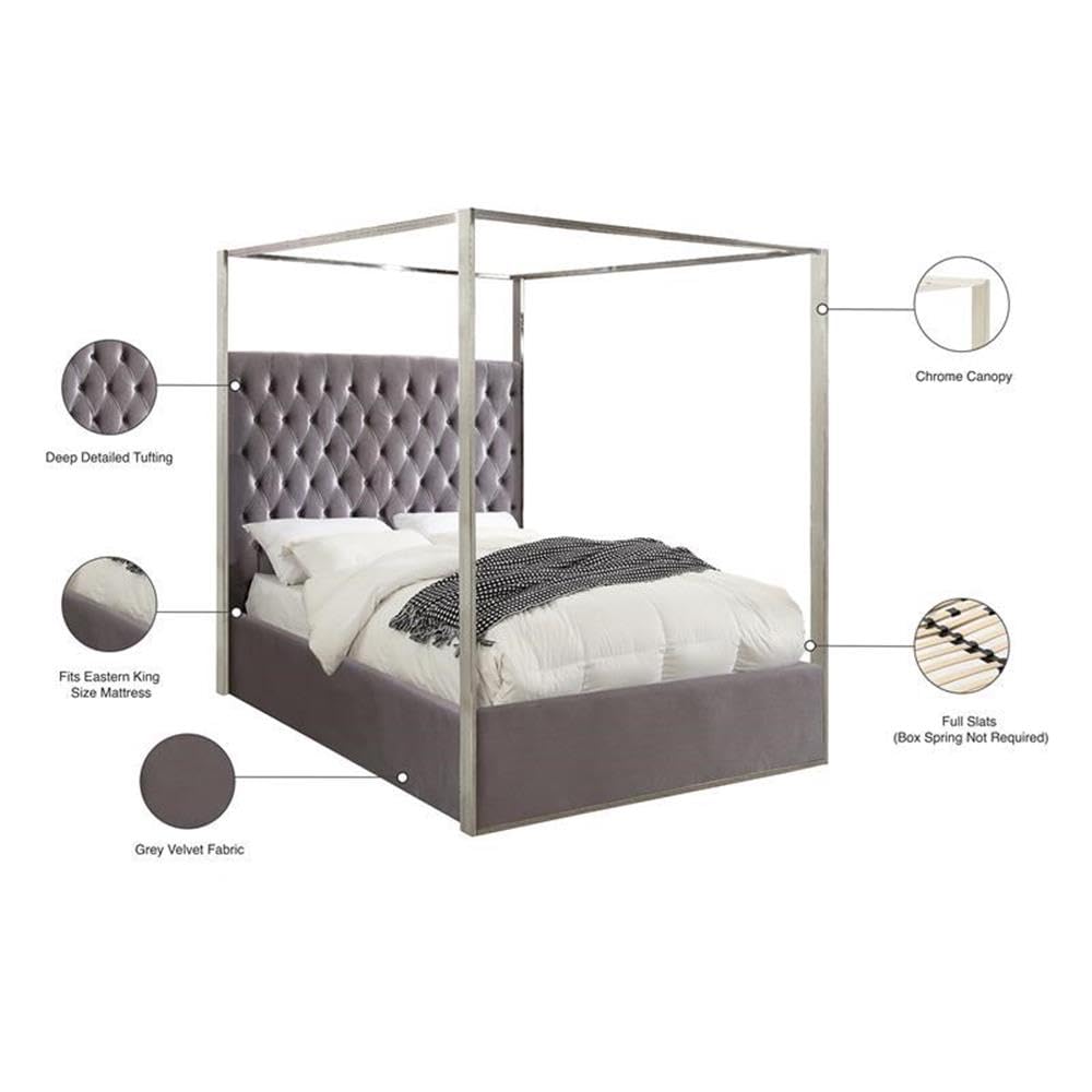 Meridian Furniture Porter Collection Modern | Contemporary Velvet Upholstered Bed with Deep Detailed Tufting and Chrome Canopy, Grey, King