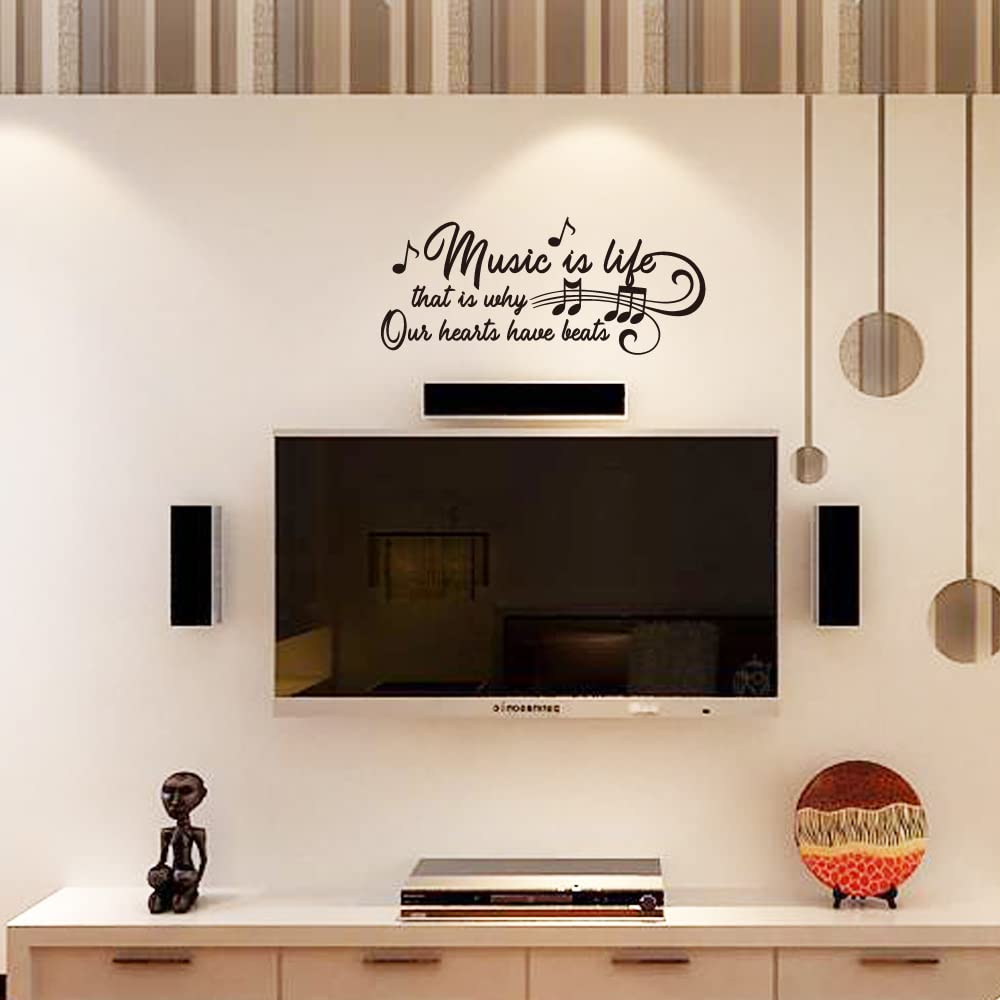 Music is Life that is why Our Hearts Have Beats Notes Music Score Instrument - Carved Black Vinyl Wall Decal Art Letters Quotes Home Decor Wall Letters Without Transparent Edge Not Printed Sticker