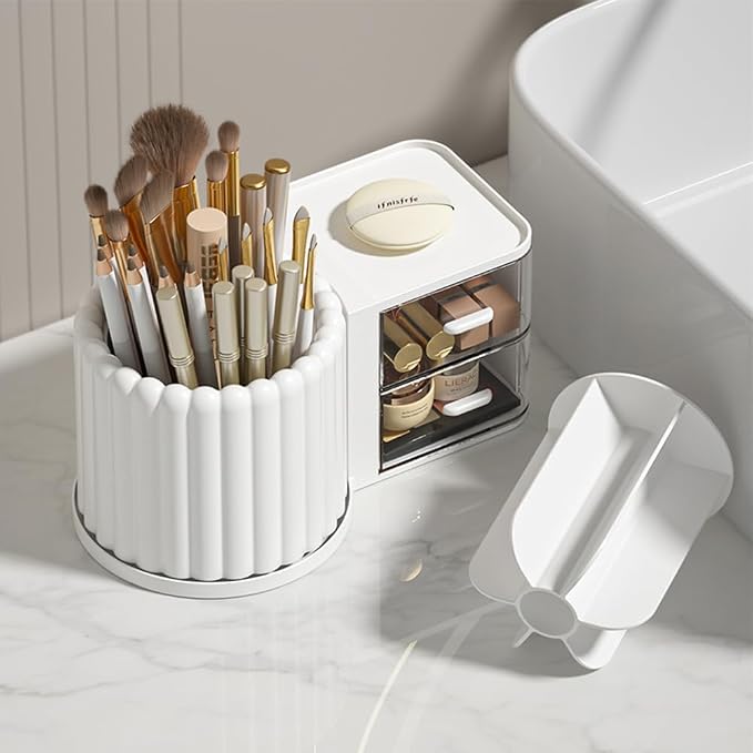 Makeup Organizer Countertop, 360 Rotating Makeup Brush Holder with 2 Drawer Organizer, Small Preppy Kids Desk Organizer, 9.25x5.11 Inch, White