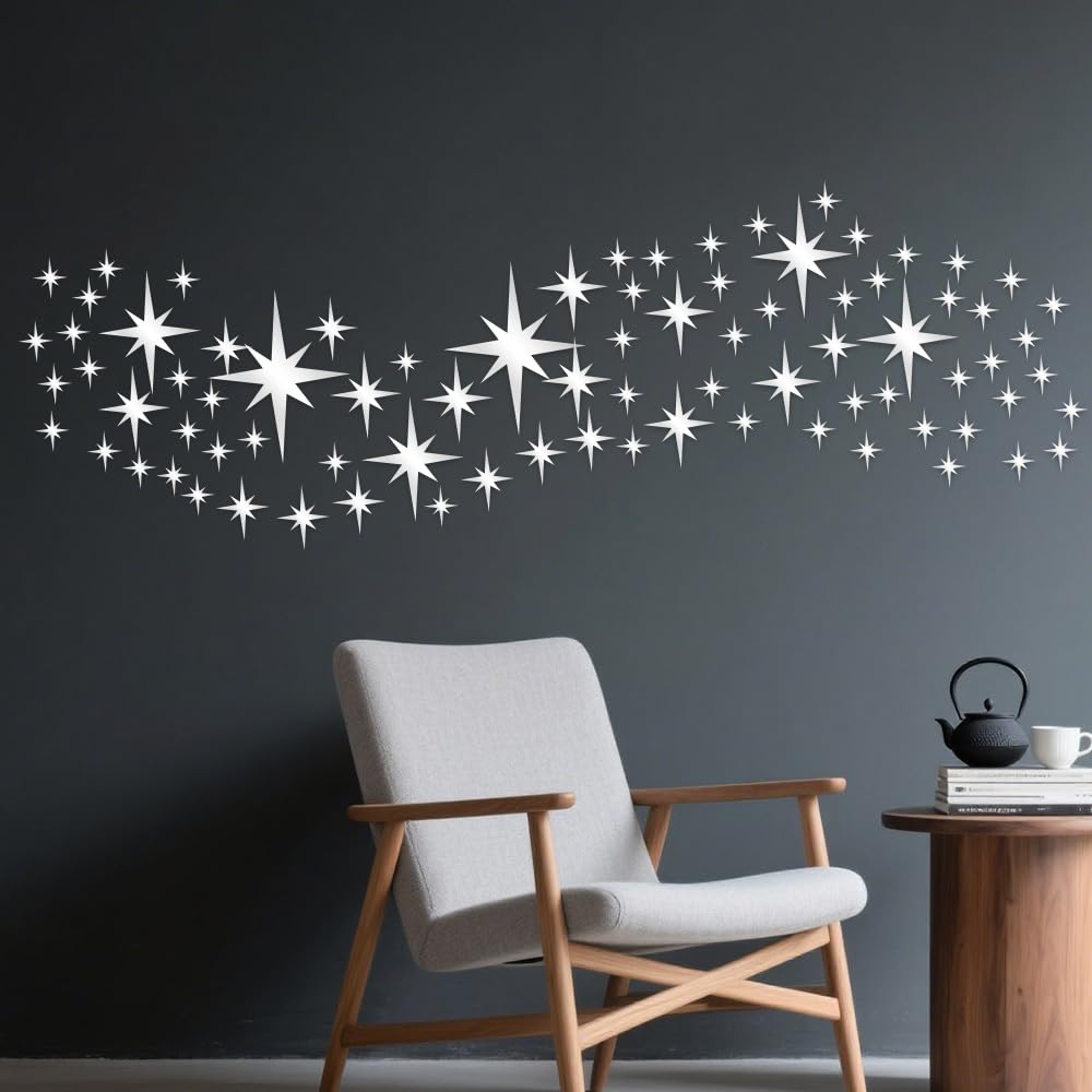 71 Pcs Silver Star Stickers, 3D Acrylic DIY Star Mirror Wall Stickers Decor, Removable Decals Art Self-Adhesive for Home Nursery Classroom Bedroom Interior Wallpaper Background Art Decor