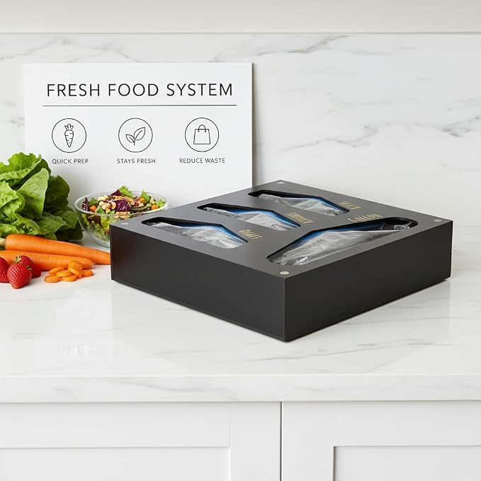 OnDisplay Luxe Acrylic Kitchen Drawer Zip Food Storage Bag Organizer - Food Baggie Holder for Snack/Sandwich/Quart/Gallon Sizes - Compatible with Ziploc, Hefty & Glad (Black)