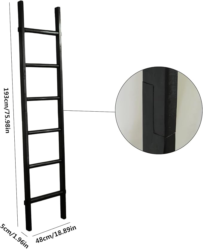 Wooden Blanket Ladder - Natural & Motley Wood - Leaning Wall Decor for Bedroom, Bathroom, Living Room - Rustic Quilt Holder & Towel Rack (Black Wood Color, 76in（6-Tier）)