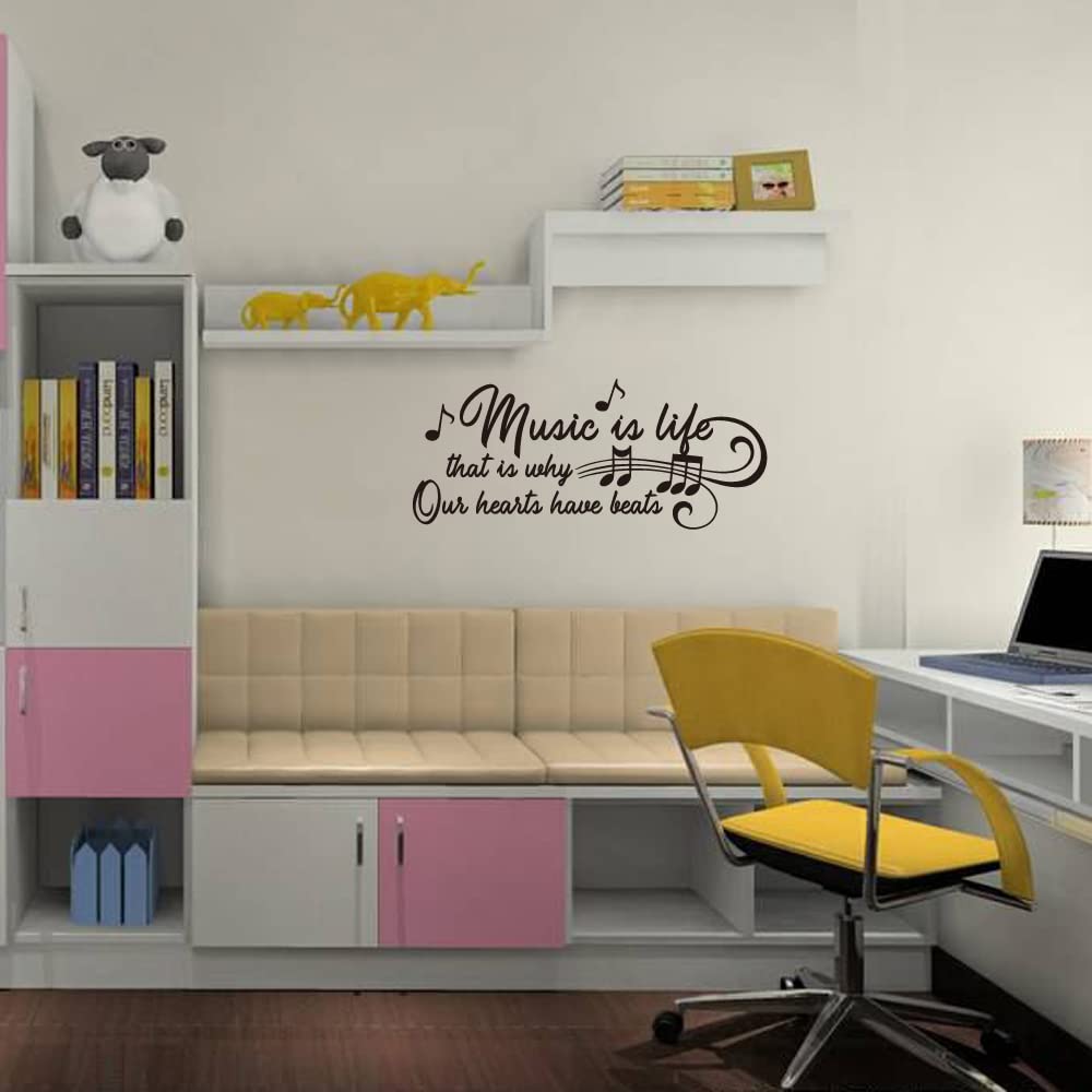 Music is Life that is why Our Hearts Have Beats Notes Music Score Instrument - Carved Black Vinyl Wall Decal Art Letters Quotes Home Decor Wall Letters Without Transparent Edge Not Printed Sticker