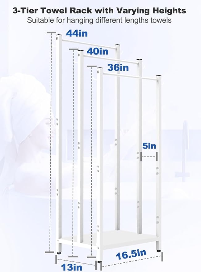 44 Inch Tall Free Standing Towel Rack with Metal Storage Shelf & 6 Hooks for Bathroom, 3 Tiers Heavy Duty Blanket Drying Stand Holder for Outdoor Pool, Bedroom, Living Room, White