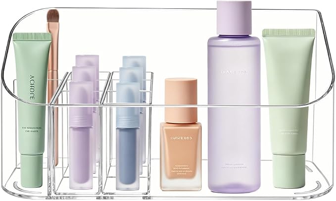 Makeup Tray Holder Organizer Cosmetic Display Case Tabletop Desktop Vanity Countertop Bathroom Wall Cabinet Medicine Storage Box 9 Dividers 2 Removable Women Ladies Girls Gifts Crystal Clear 1 PACK