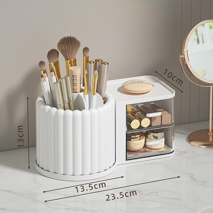 Makeup Organizer Countertop, 360 Rotating Makeup Brush Holder with 2 Drawer Organizer, Small Preppy Kids Desk Organizer, 9.25x5.11 Inch, White