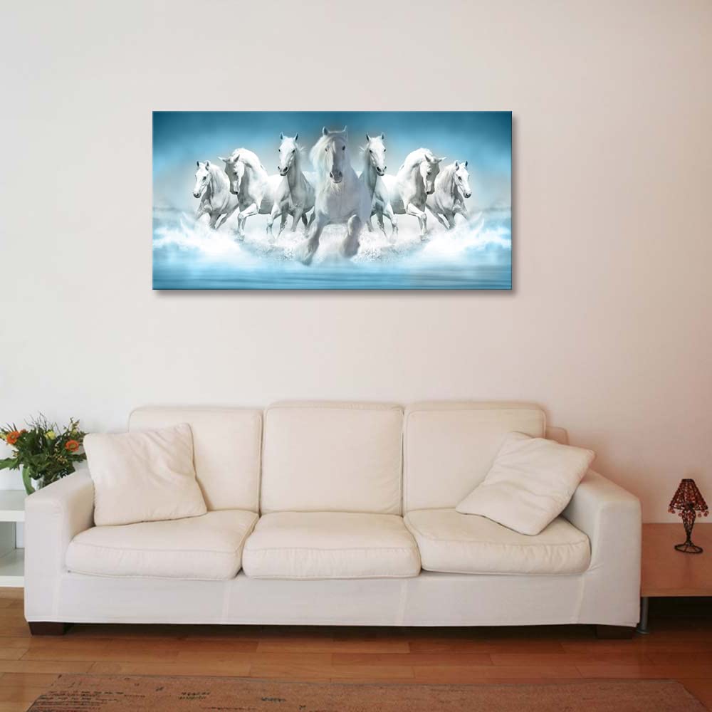 7 White Running Horses Wall Art Modern Blue Canvas Print Picture Artwork Animal Painting for Living Room Decor Bedroom Office