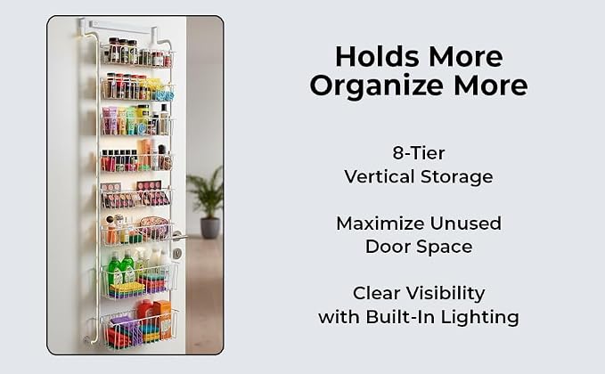 Over Door Organizer Storage - 6 Tier Black Metal Over the Door Pantry Organizer Heavy Duty Hanging Storage Rack, Behind Cabinet Shelves for Home, Kitchen, Bathroom, Closet, Pantry