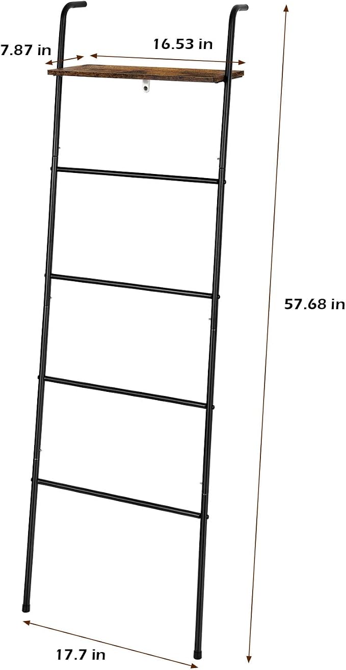Blanket Ladder Holder for Living Room Farmhouse Decorative Ladder Holder with Storage Shelf, Wall Leaning Quilt Towel Rack for Bathroom, Bedroom, Rustic Home Decor, Black