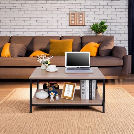 SUPER DEAL 2-Tier Industrial Coffee Table with Storage Shelf for Small Apartment Living Room, Rectangle Wood and Stable Metal TV Stand Side End Table, Natural Oak