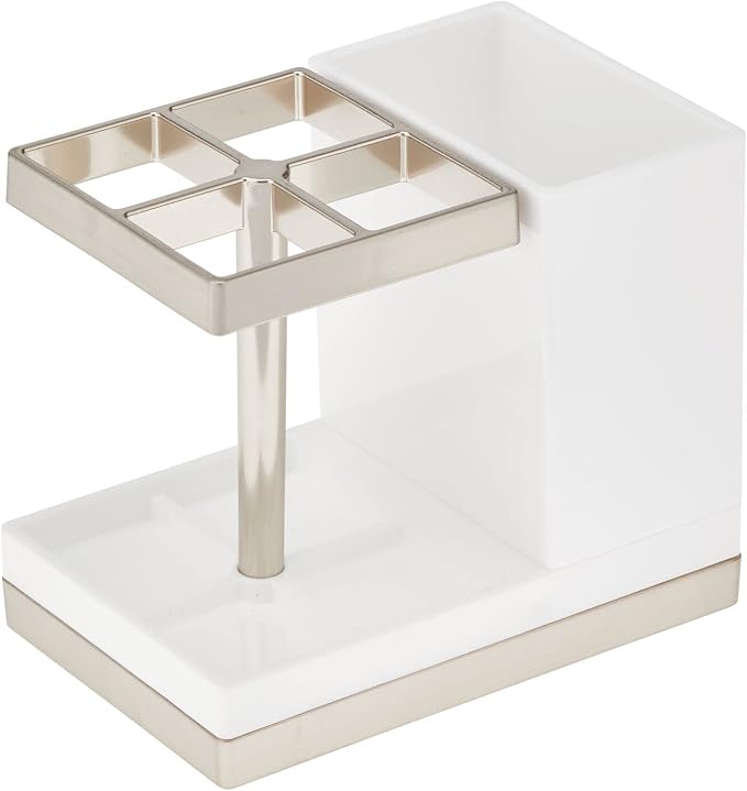 mDesign Plastic Toothbrush and Toothpaste Storage Organizer Holder - Home Decor for Bathroom Countertop - Holds Toiletries and Beauty Accessories - Lumiere Collection - White/Brushed