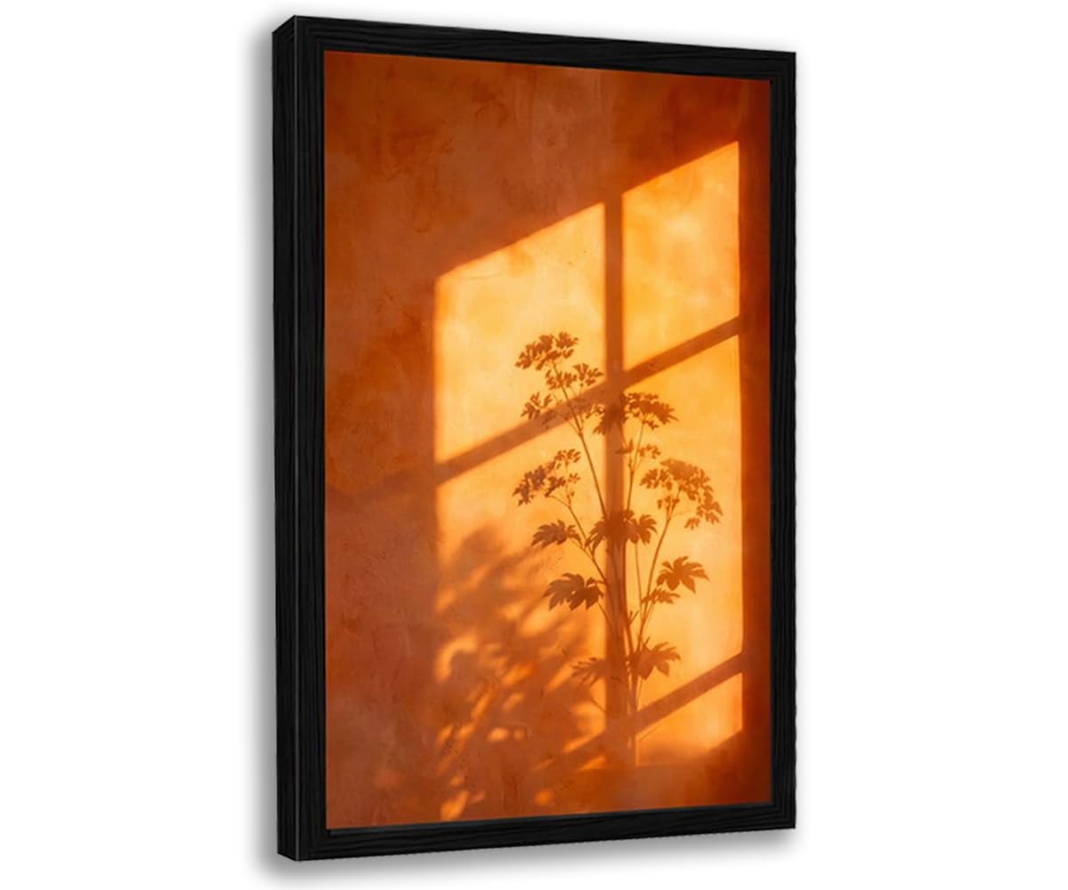 Framed Sunset Wall Art, Orange Window Shadow Poster Print, Minimalist Botanical Silhouette Picture Painting, Modern Aesthetic Picture Wall Decor for Bedroom Living Room 16x24 Inches