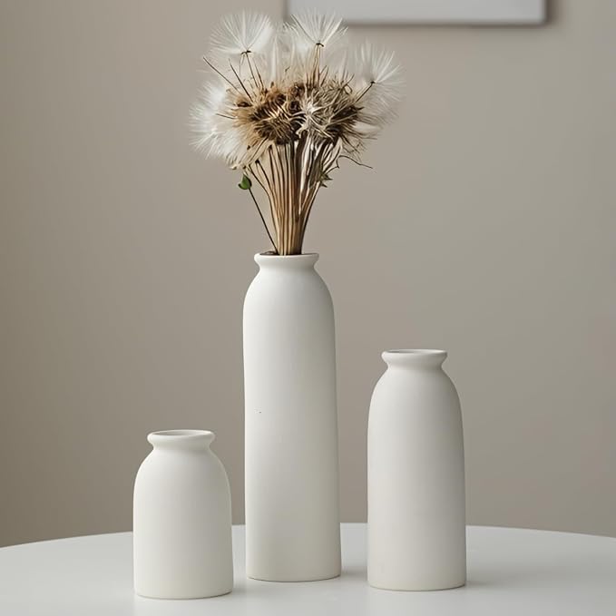 10.6 inches Tall Decorative Ceramic Vase Set, 3 Pieces, Nordic Modern Boho Style, White, for Home Decor (White)