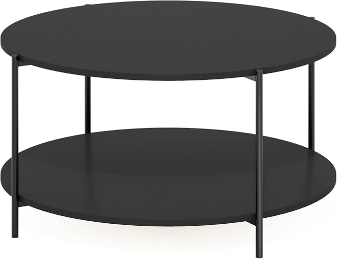 Furinno BESI Coffee Table, 2-Tier Round Modern Coffee Table with Metal Legs, Side Table with Open Shelf, for Living Room, Bedroom, Home Office, Americano