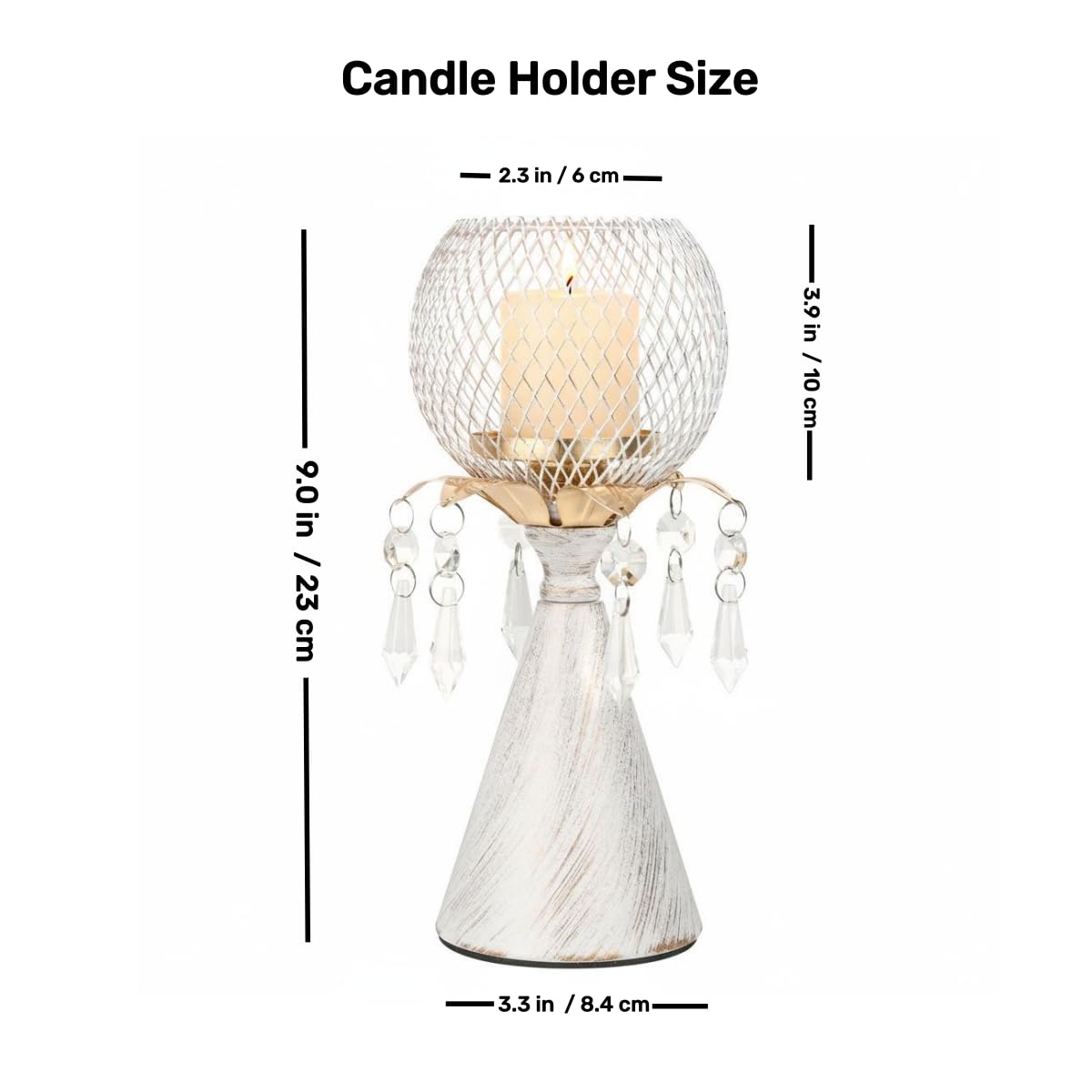 CAUWSAI White Gold Metal Mesh Candle Holder with Crystal Pendants, 9.0" Decorative Pedestal Design, Diamond Globe Top, Matte Finish, Candlestick for Home and Holiday Decor & Valentine's Day