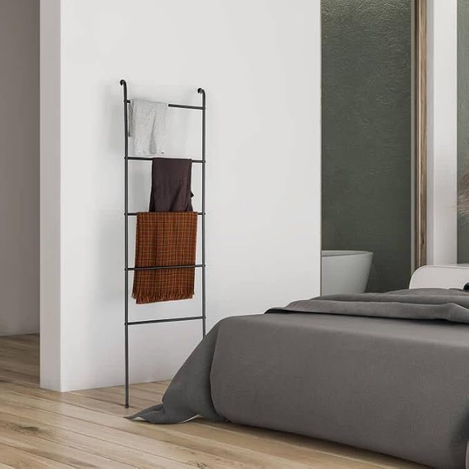 Towel Blanket Ladder Black Metal Blanket Ladder Holder Industrial 5 Tier Wall Leaning Ladder Rack for Bathroom Living Room Laundry Room (Matte Black)