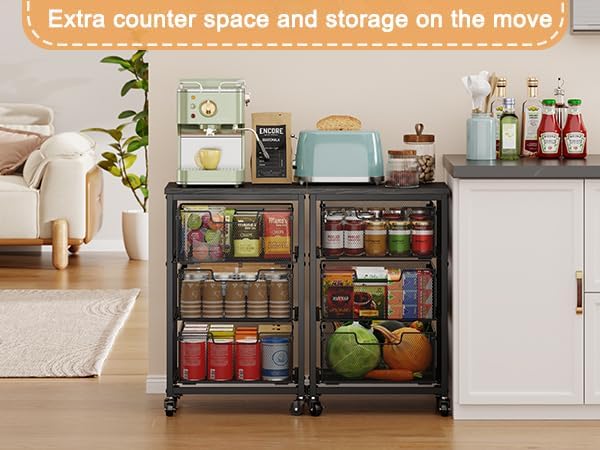Pantry Organizer and Storage Cart, 3-Tier Kitchen Storage Cart with Drawer, Fruit Vegetable Storage Cart with Wheels, Wooden Top Metal Wire Kitchen Organizer Rack Stand for Food Snack Onion Potato