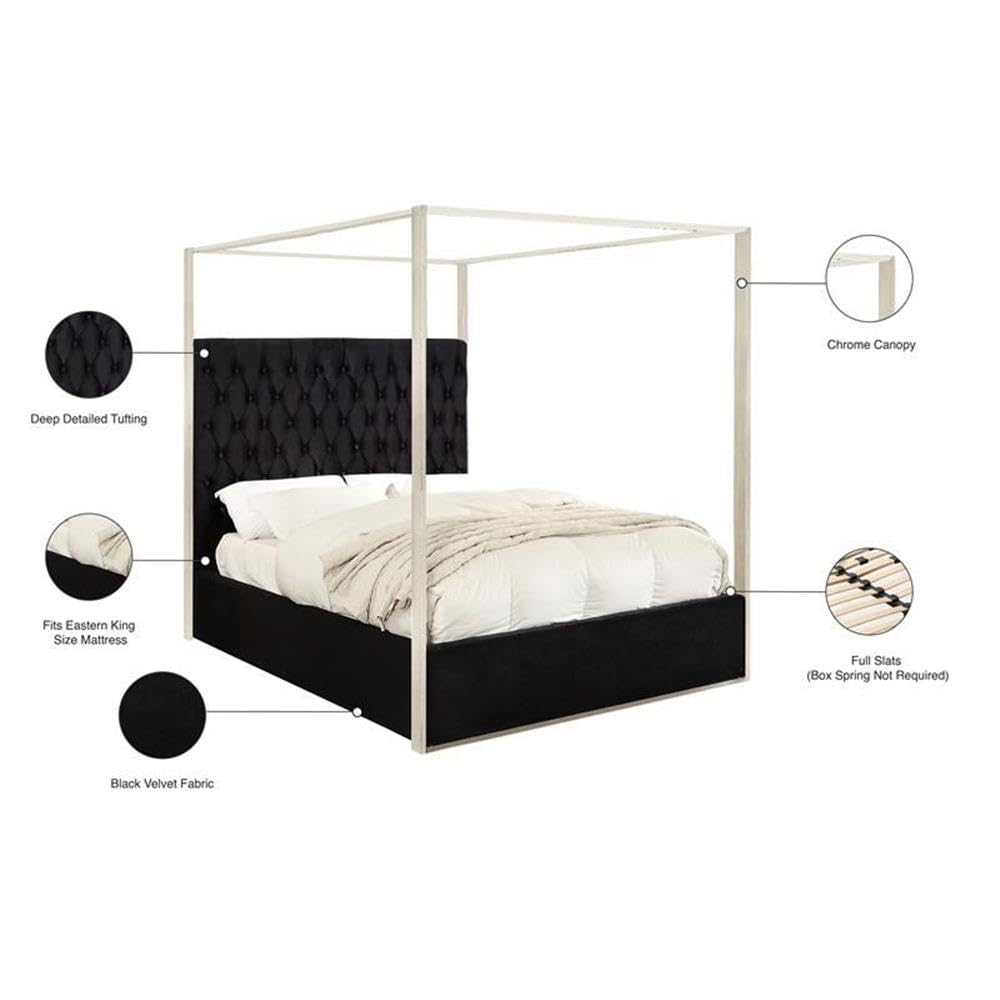 Meridian Furniture Porter Collection Modern | Contemporary Velvet Upholstered Bed with Deep Detailed Tufting and Chrome Canopy, Black, King