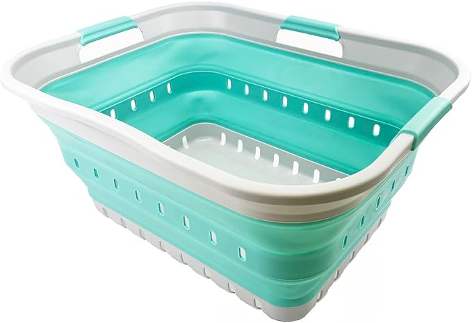 SAMMART 42L (11 gallon) Collapsible Plastic Laundry Basket - Foldable Pop Up Storage Container/Organizer - Portable Washing Tub - Space Saving Hamper/Basket (Grey/Pine)