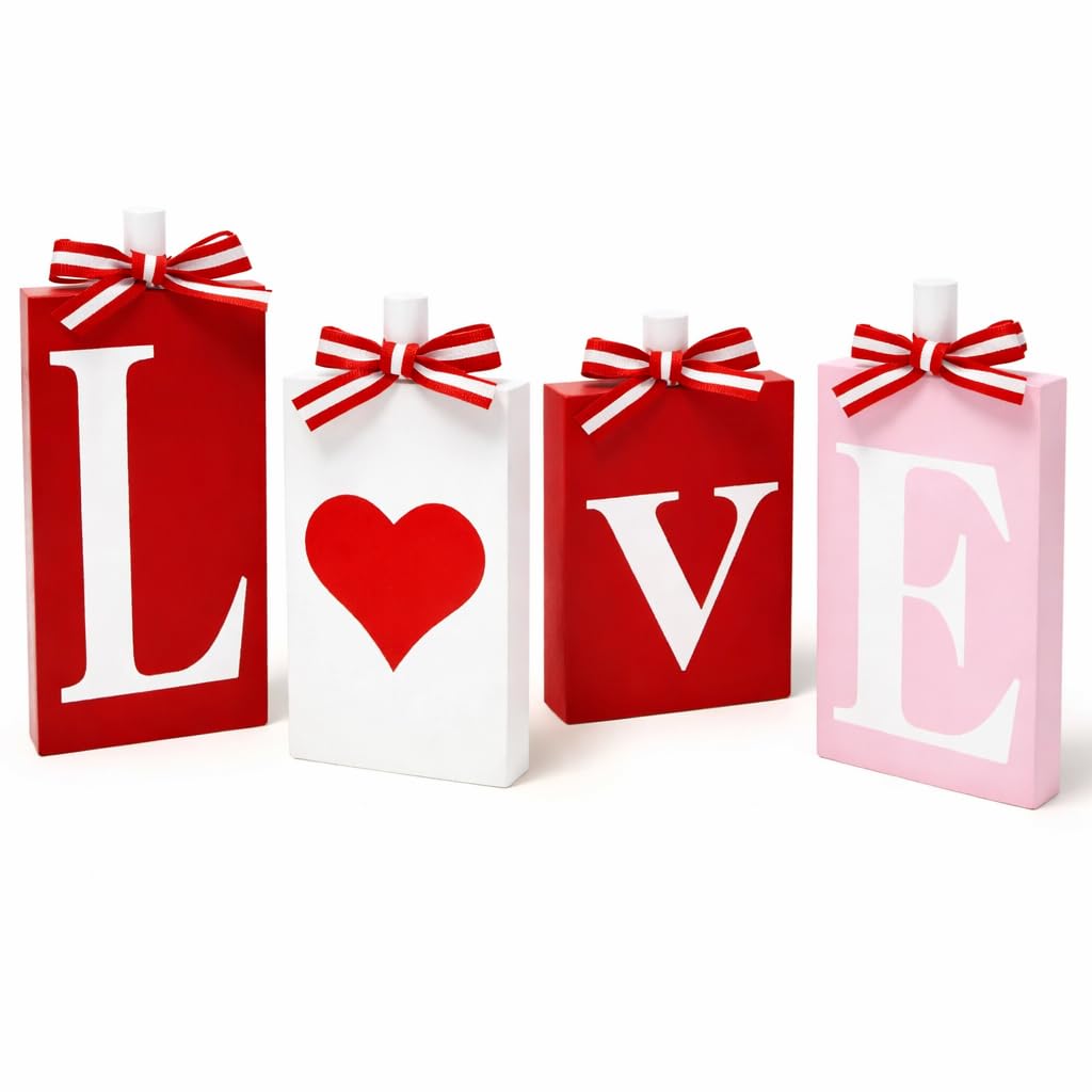 Gift Boutique Valentine's Day Love Heart Block Signs Set of 4 Red Pink White Rustic Wooden Table Tiered Tray Decor Home Wedding Party Decoration Gifts