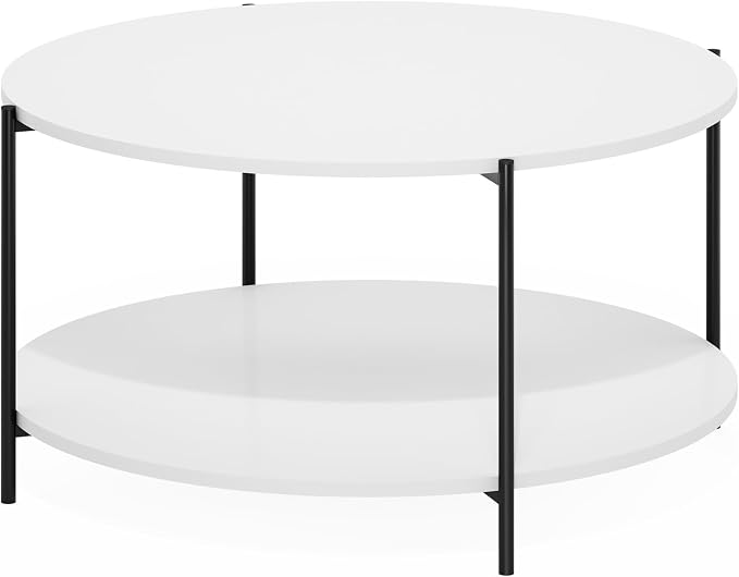 Furinno BESI Coffee Table, 2-Tier Round Modern Coffee Table with Metal Legs, Side Table with Open Shelf, for Living Room, Bedroom, Home Office, White