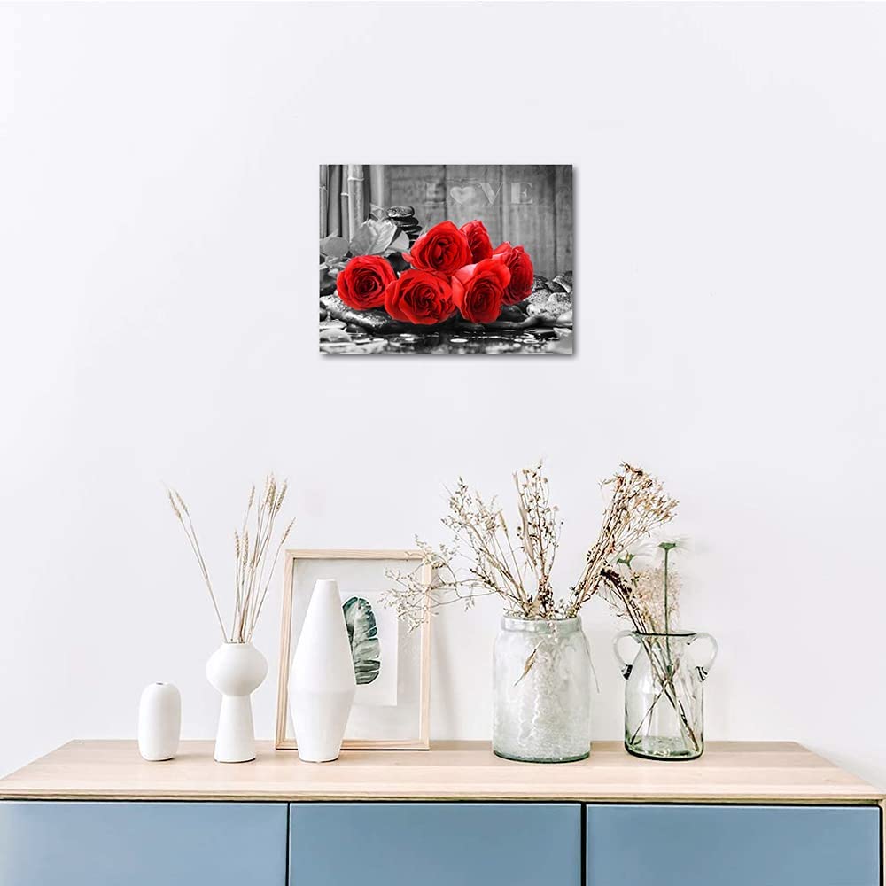 YMYXMC33 Red Rose Flower Picture Decor Wall Art Canvas Print Black and White Poster Country Love Decoration Bedroom Bathroom12x15