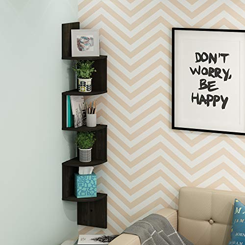 Furinno ROSSI Floating Book Shelves for Wall, 5-Tier Zigzag Corner Shelf Wall Mounted, Radial Corner Floating Shelf, for Living Room, Bedroom, Bathroom, Home Office, Espresso