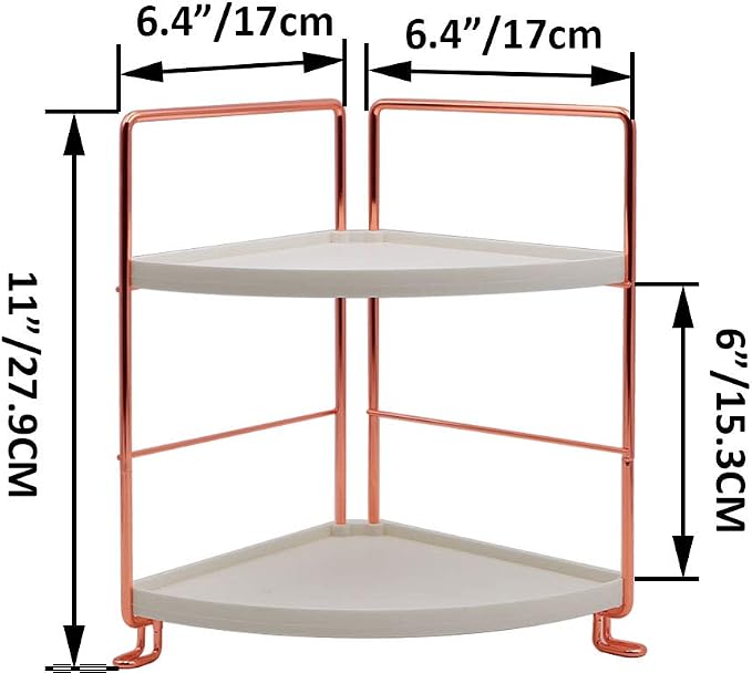2-Tier Bathroom Countertop Organizer - Vanity Tray Cosmetic & Makeup Storage- Kitchen Spice Rack Standing Shelf - Corner Storage Shelf, Rose Gold