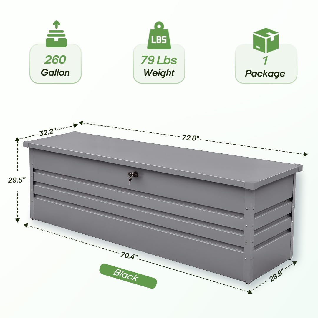 Zolyndo 260 Gallon Metal Deck Box, Extra Large Metal Patio Outdoor Storage Box with Lockable Lid, Waterproof Garden Storage for Cushions Pool Accessories Tools Light Gray