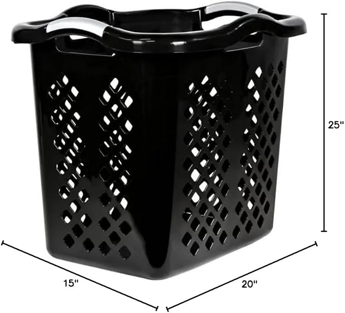 ReMoiz 2 Pack Ultra Easy Carry Plastic Laundry Hamper, 2 Bushel Lamper Plastic Laundry Basket with Silver Handles,Dirty Clothes Laundry Hamper Bin for Home, Apartment, or Dorm Room, Black