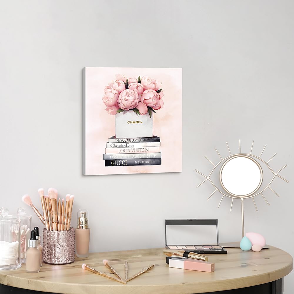 cozy country Chanel-Inspired Canvas Wall Art - 12x12 Inches Luxury Fashion Artwork Print, Featuring Perfume, Books & Flowers, Perfect for Bathroom & Women's Room Decor