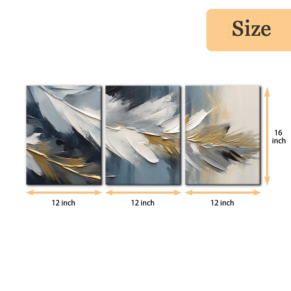 Pacimo Abstract Canvas Wall Art, Set of 3 Framed Painting Prints, Feather Pictures Modern Wall Decor for Living Room Bedroom Office Home Decor Ready to Hang - 12"x16"x3 Panels