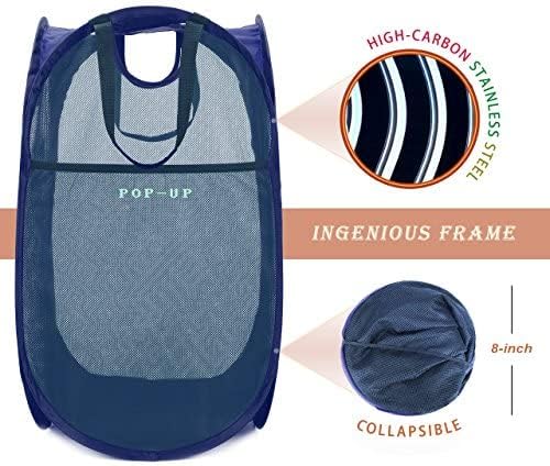 2 Pcs Strong Mesh Pop up Laundry Hamper,House Again Collapsible Laundry Basket with Durable Handles Solid Bottom High Carbon Steel Frame, Space-Saving, Easy to Open and Fold Flat for Storage(Blue)