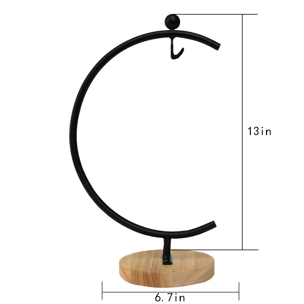 Ian Enterprises Ornament Display Stand Iron Pothook Stand for Hanging Glass Terrarium/Picture (Big G-Shaped Wood Base, Black)