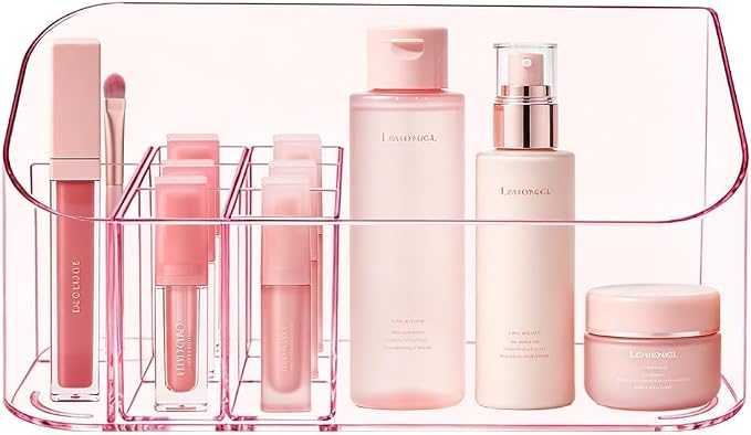 Makeup Tray Holder Organizer Cosmetic Display Case Tabletop Desktop Vanity Countertop Bathroom Wall Cabinet Medicine Storage Box 9 Dividers 2 Removable Women Ladies Girls Gifts Crystal Pink 1 PACK