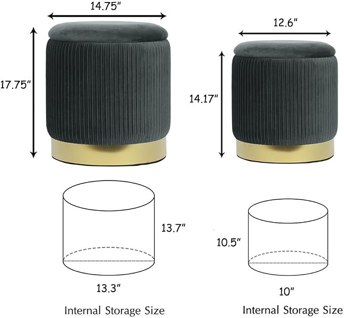 Round Ottoman with Storage Set of 2 Upholstered Velvet Vanity Stool Small Ottoman Coffee Table, Foot Stool, Removable Lid, for Living Room, Bedroom, Hallway, Easy Assembly (Gray)
