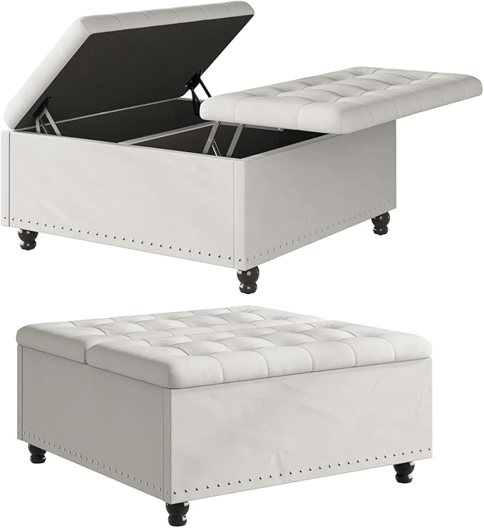 FUXA 35 Inch Large Square Ottoman with Storage, Oversized Ottoman Coffee Table with Lift Top and Wood Legs, Tufted Upholstered Storage Ottoman Bench for Living Room (Beige)