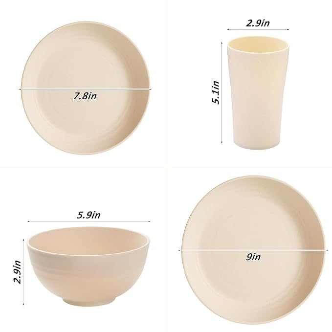 Wheat Straw Dinnerware Sets for 4,Unbreakable Tableware Set Wheat Straw Plates Bowls Cup Sets Kitchen Dishes 16pcs College Dorm Room Essentials Cutlery Set Microwave Dishwasher Safe Camping Picnic