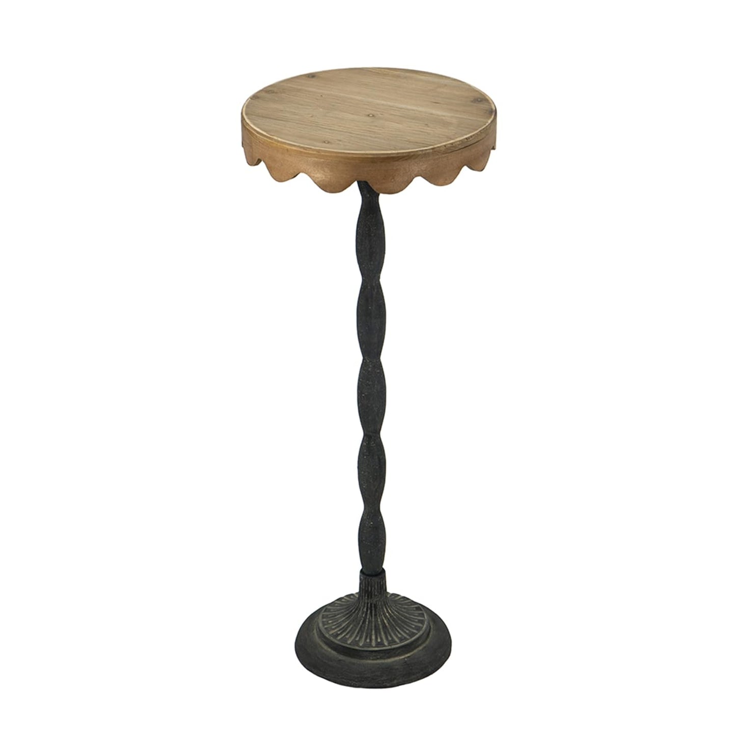 Jenvor Round Side Table with Scalloped Brown Wooden Top, Black Iron Pedestal Base, Iron Fir Wood MDF, 11.9 x 11.9 x 29.5 in, End Table, Display Pedestal, Plant Stand in Living Room