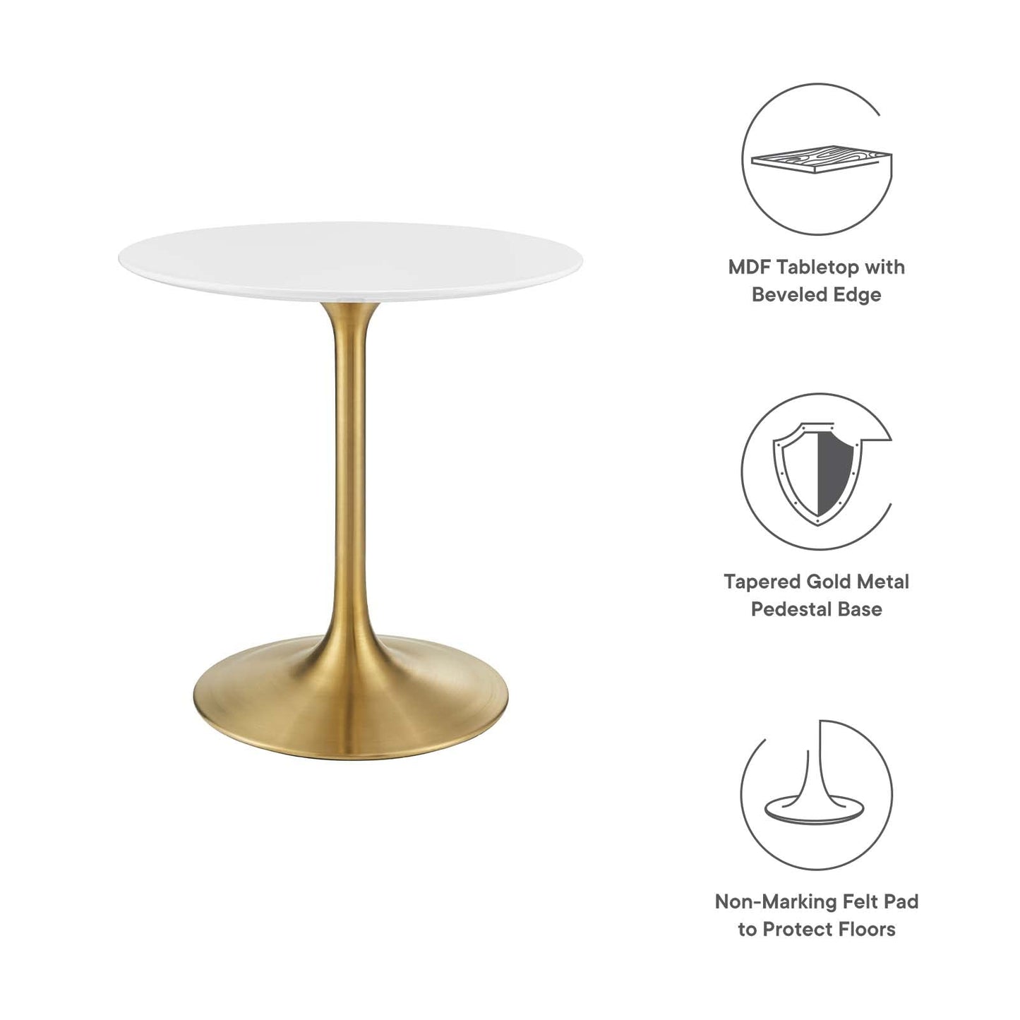 Modway Lippa 28" Mid-Century Modern Dining Table with Round Top in Gold White