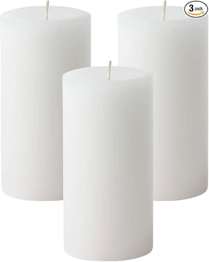Mister Candle Dripless Unscented Pillar Candles, Set of 3 Hand Poured White Solid Color Non-Scented Candles for Home Decor, Premium Wax, 80 Hr Burn Time, 3x6 Inch
