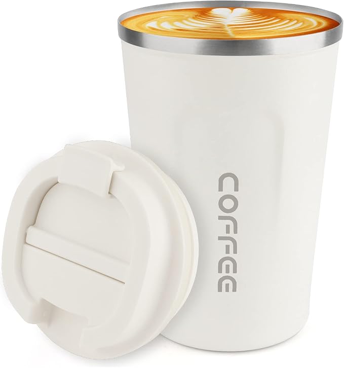 CS COSDDI 12 oz Stainless Steel Vacuum Insulated Tumbler - Coffee Travel Mug Spill Proof with Lid - Coffee Cup for Keep Hot/Ice Coffee,Tea and Beer (White)