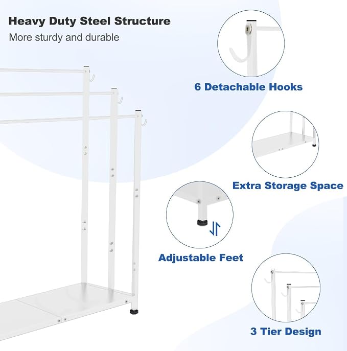 Extra Large Free Standing Towel Rack with Metal Storage Shelf & 6 Hooks for Bathroom, 3 Tiers Heavy Duty Blanket Drying Stand Holder for Outdoor Pool, Bedroom, Living Room, White