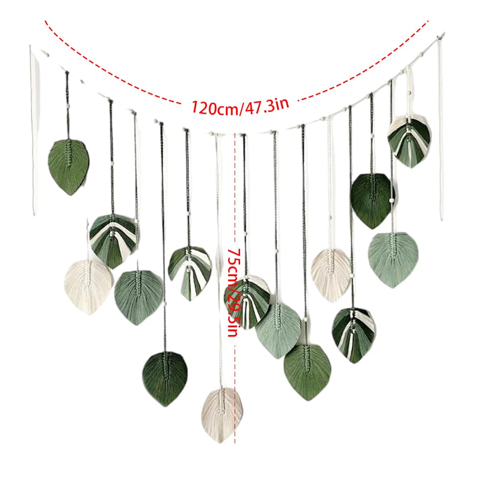 M MANUAL Macrame Leaves Wall Hanging 47.3x29.5Inch Large Chic Feather Boho Macrame Wall Decor Leaf Hanging Photo Display Handmade Woven Wall Art 16pcs Leaf Tapestry - Green