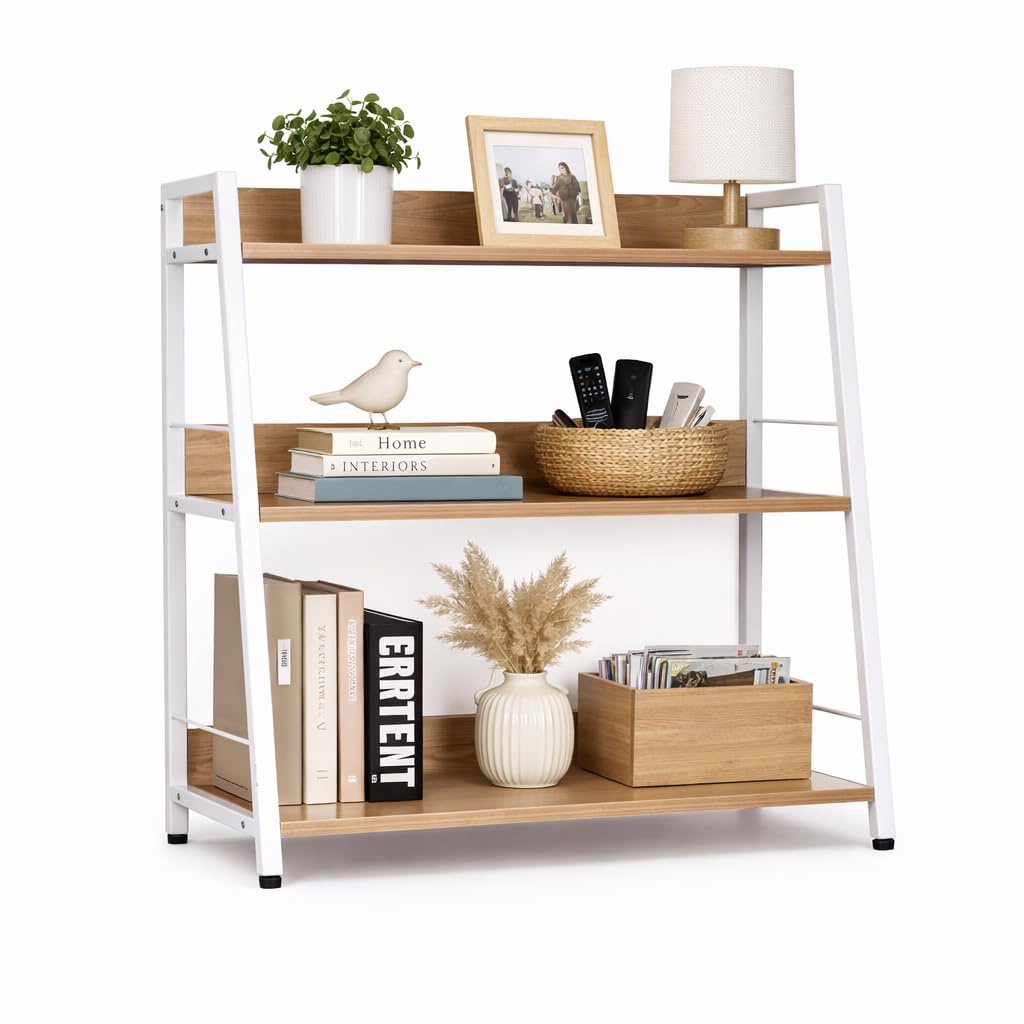 YCICI 3 Tier Bookshelf, Small Bookshelf for Small Spaces, Wood and Metal Bookcase, Open Shelf Organizer, Modern Storage Shelf for Living Room and Office (White, Ladder)