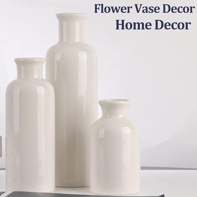 White Ceramic Vase Set - 3 White Small Vases, Farmhouse Country Flower Vase Home Decor, Living Room Decoration, Table Decoration, Fireplace Decor, and Entrance Decorations Centerpieces